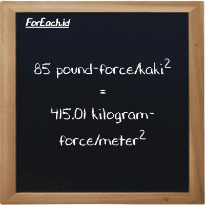 85 pound-force/kaki<sup>2</sup> setara dengan 415.01 kilogram-force/meter<sup>2</sup> (85 lbf/ft<sup>2</sup> setara dengan 415.01 kgf/m<sup>2</sup>)